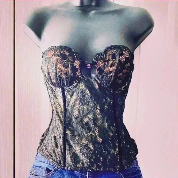 BUSTIER BLACK LACE MESH &  VELVET Size M - Picture 4 of 14